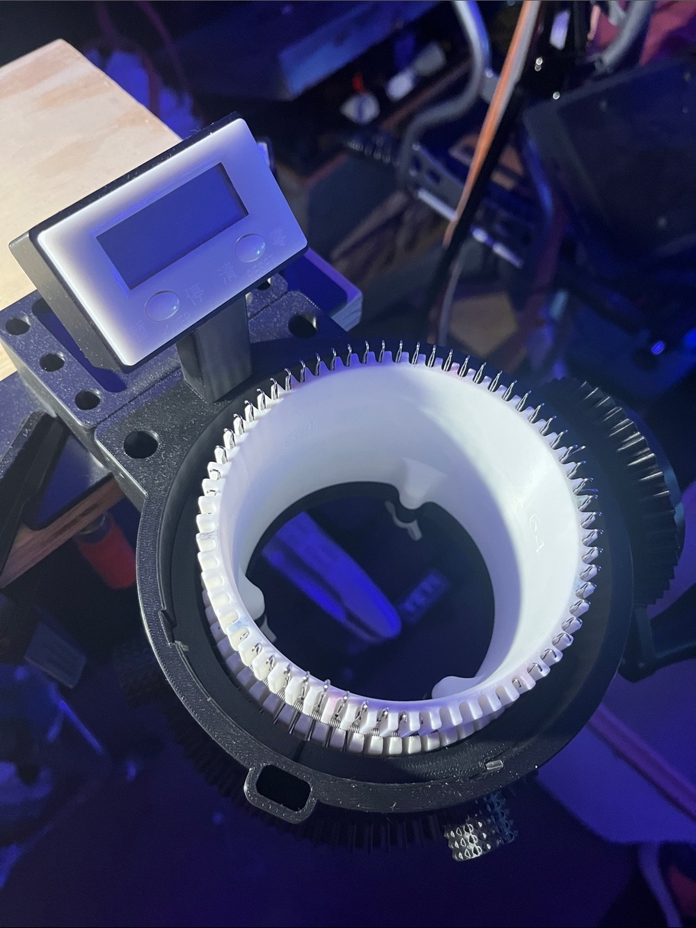 White and Black Bear Valley Fibres circular sock knitting machine